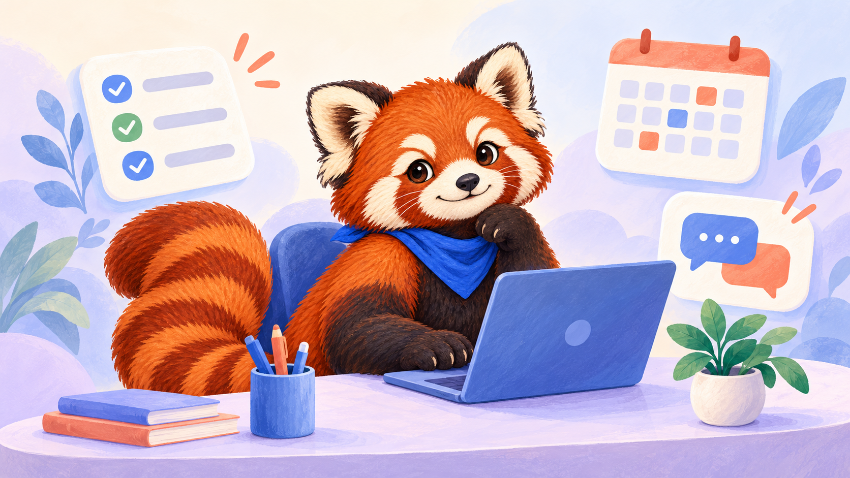 Tavro’s red panda mascot at a laptop, surrounded by illustrated tasks, a calendar and conversations
