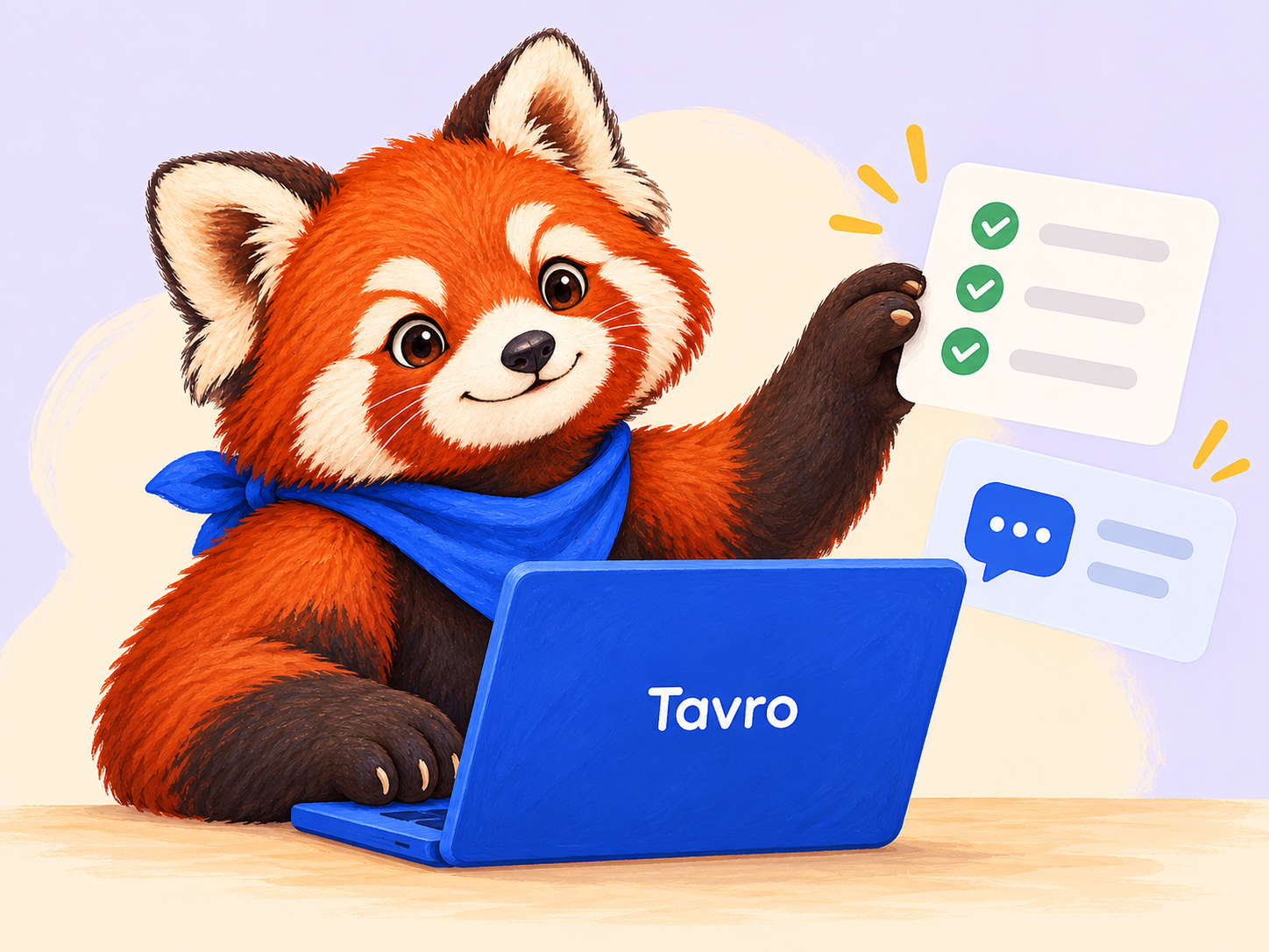 Tavro’s red panda organising tasks and conversations at a laptop