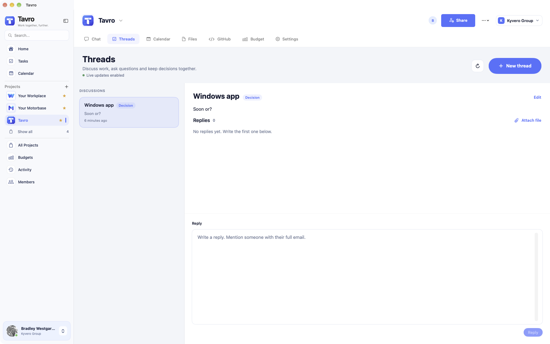 Tavro project threads, with a decision kept inside the project