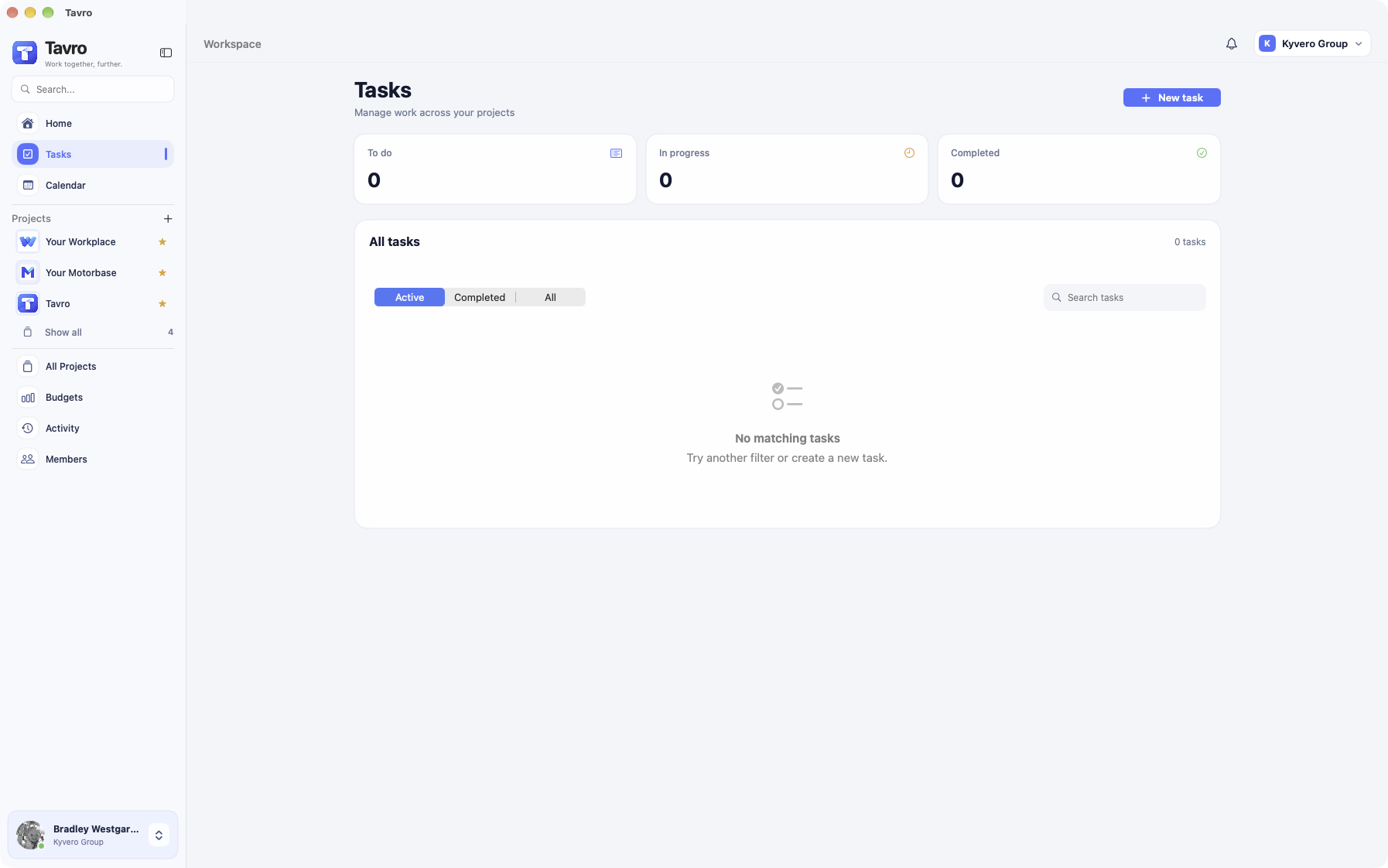 Tavro tasks for the organisation, with status filters and due dates